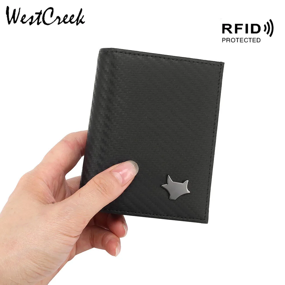 

WESTCREEK Brand RFID Blocking Men Split Leather Short Wallet Carbon Fiber Texture Card Holder Travel Wallets
