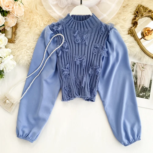 blue Neploe Autumn Fashion Slim Pull Jumpers Short Turtleneck Vintage Pullover Knitwear Lantern Sleeve Patchwork Knitted Tops 55529 - Цвет: blue