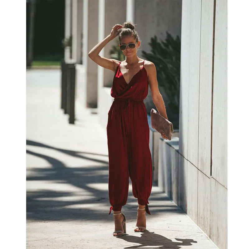 

1PC Summer Women Casual Boho Floral Jumpsuit Romper Bodysuit Sleeveless Pants Trousers Tie up pants Fashion streetwear set