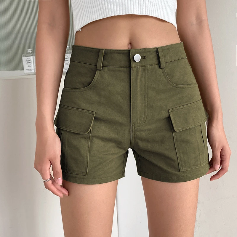 Vintage 2000s Aesthetic Army Green Y2K Cargo Shorts for Women Kawaii