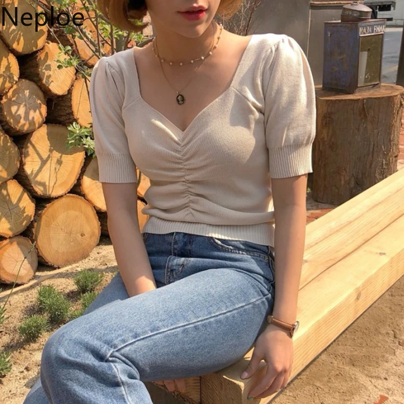 Neploe, трикотажные женские футболки, лето, Ретро стиль, v-образный вырез, с пышными рукавами, футболки, корейские, плиссированные, женские топы, 44656