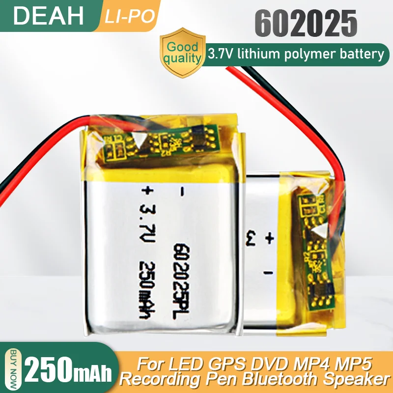 602025 3.7V 250mAh Lithium Polymer Li-ion Rechargeable Battery For Camera LED Smart Watch Bluetooth Earphone Speaker Li-Po Cell |