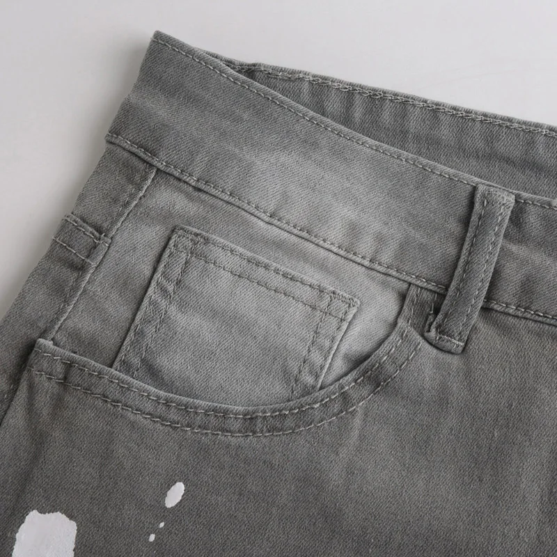 Blue Skinny Men's Jeans Plaid Patchwork Joggers Pants Fashion Paint Painting Streetwear Slim Gray Hip Hop Casual Trousers Male