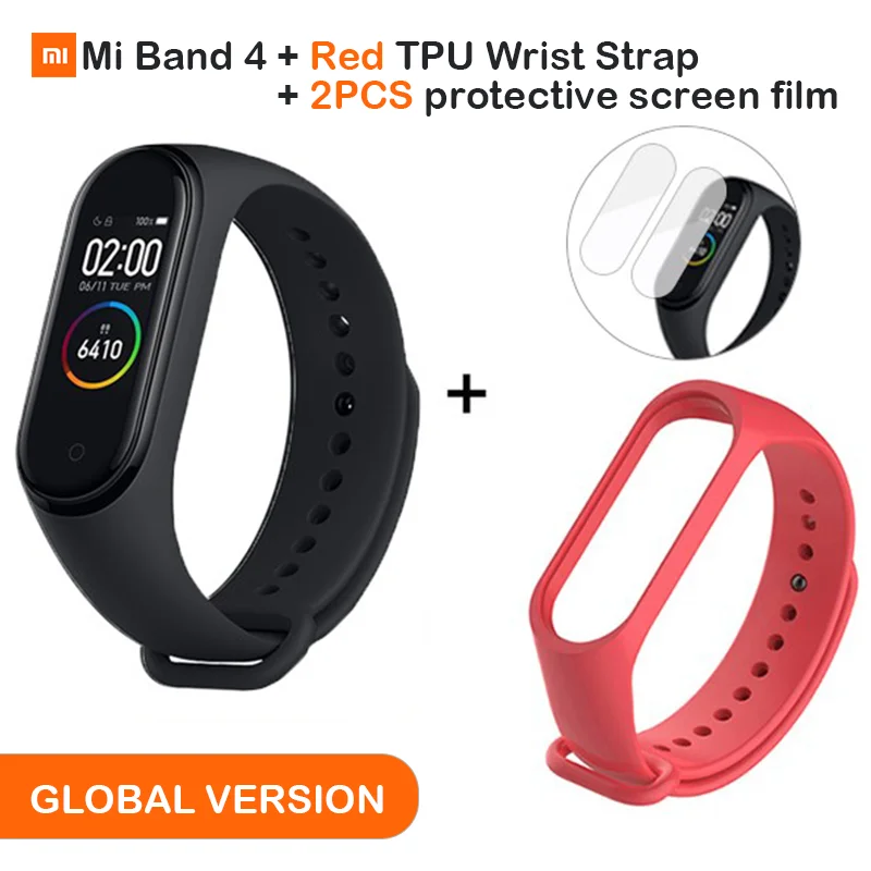 Add Red Strap Глобальная версия, Xiaomi mi, 4 смарт-браслета, цветной дисплей, браслет, пульсометр, фитнес, Bluetooth, 5,0, для плавания, mi ng, водонепроницаемый - Цвет: Add Red Strap
