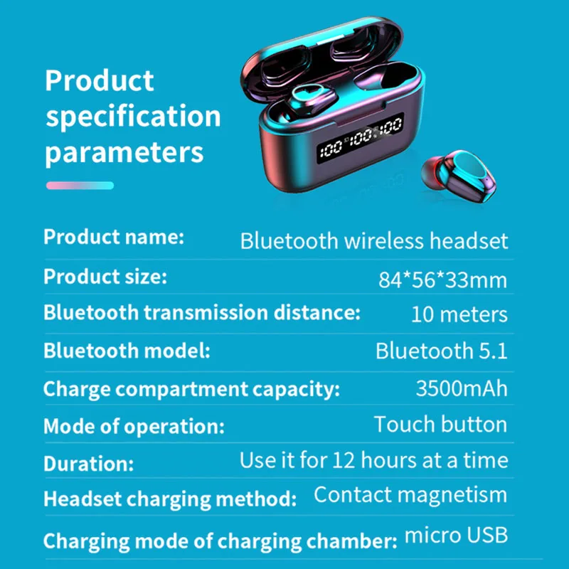 NEW TWS Sport Bluetooth 5.1 Wireless Earphones IPX5 Waterproof With Charging Cable at the Bottom 9D HD Touch Contorl Headset