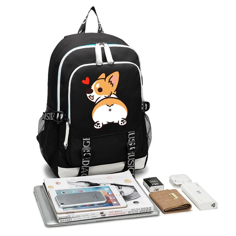 Мультфильм корги Печать USB Рюкзак Сумка школьная черная Mochila дорожные сумки рюкзак для ноутбука USB порт школьный рюкзак