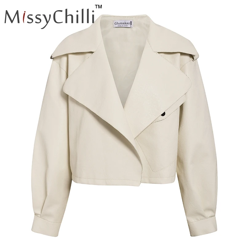 MissyChilli, искусственная кожа, Базовая куртка, пальто для женщин, осень, отложной воротник, короткое пальто с карманами, женская уличная одежда, модная верхняя одежда