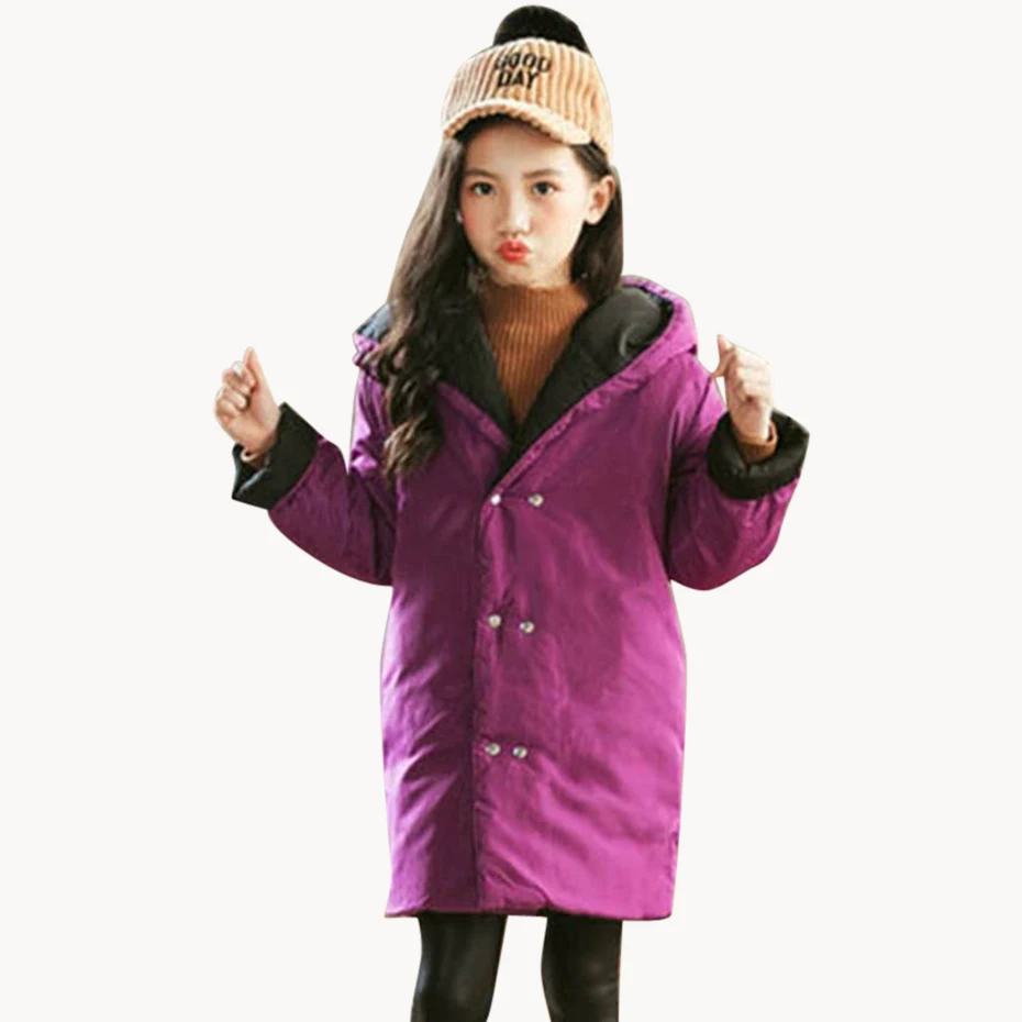 Girls Down Coat Solid Hooded Girls Down Jacket Double-Breasted Children's Parkas Casual Winter Warm Children's Overcoat For Girl