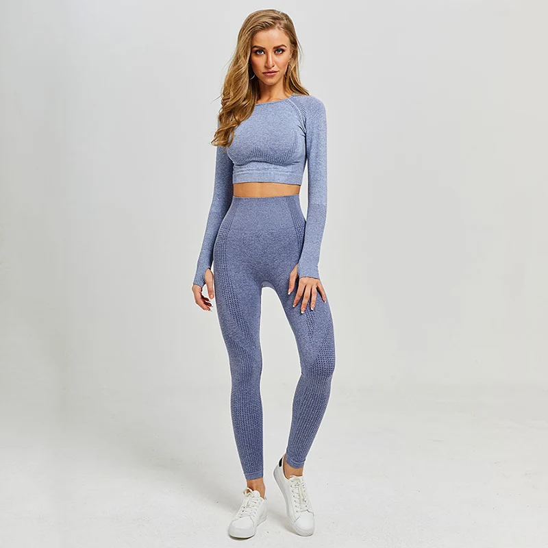 Женский бесшовный комплект для йоги, одежда для спортзала, леггинсы для фитнеса+ укороченные рубашки, спортивный костюм для женщин, спортивный костюм с длинным рукавом, одежда для активного отдыха - Цвет: blue gray  long top