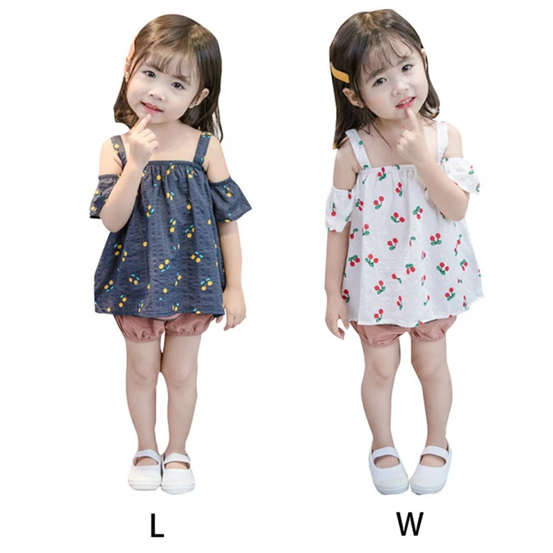 

Baby Girl Clothes Summer Baby Girls Casual Sleeveless Cherry Print Strap T-shirt Tops+Shorts Suits Costume Set