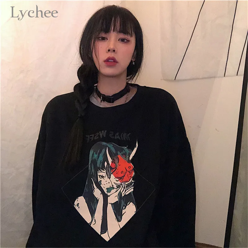 Lychee Harajuku темный призрак Женская флисовая Толстовка Повседневная весна осень зима Дамские свитшоты Топы свободные женские пуловеры с круглым вырезом