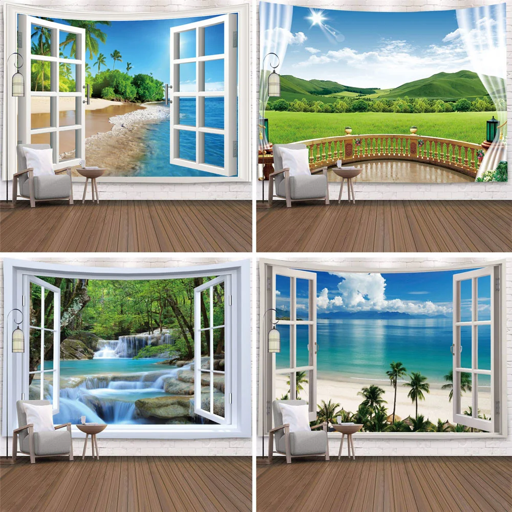 Tapestry Imitation Window Landscape Wall Hanging Tropical Tree Tapestries Art Home Decoration Sea Sunrise Dorm tapestry decor