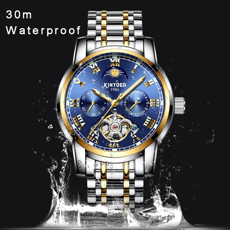KINYUED Роскошные автоматические часы календаря для мужчин Moon Phase Tourbillon светящиеся