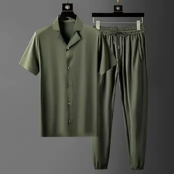

Mens (t-shirt+pants) Summer Luxury Solid Color Short Sleeve Thin Male Plus Size 4xl Elastic Waist Slim Man Sets