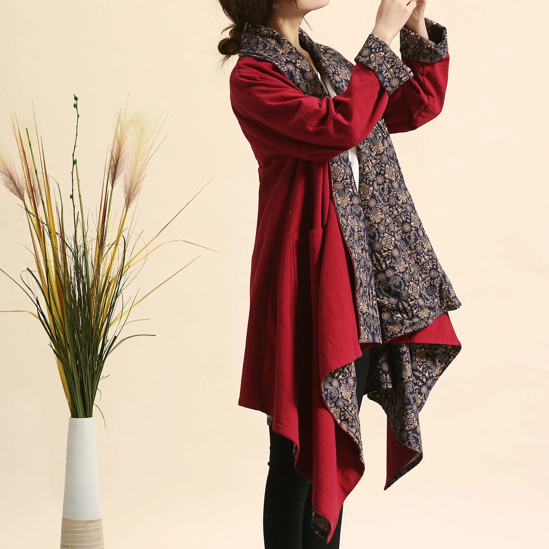 

Ma fan bu yi Ethnic-Style WOMEN'S Dress Autumn And Winter New Style Trench Coat Double-sided Wear Floral-Print Mantle Pockets Lo