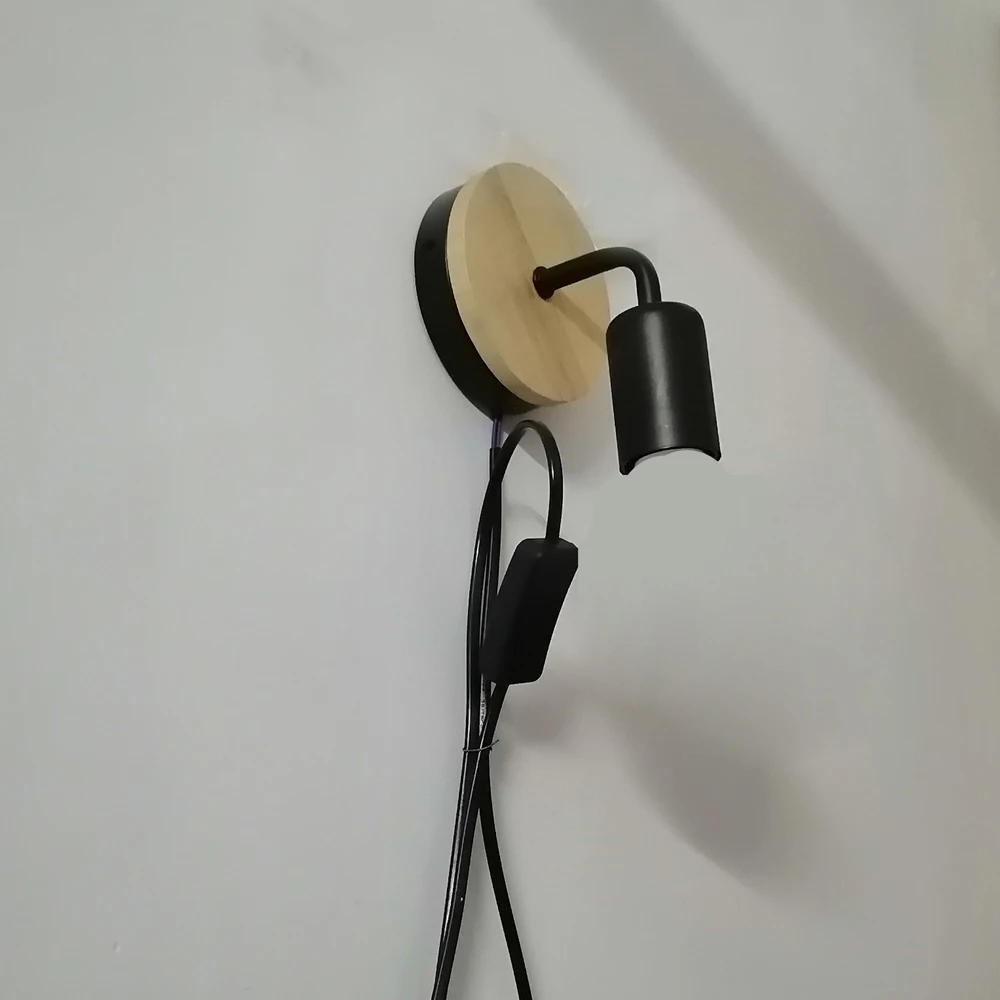 Plug wood Black Скандинавский деревянный настенный светильник, современный скандинавский бра с выключателем для дома, светильник, ретро настенный светильник, Декор, лампа Эдисона, черный, белый, E27 - Цвет абажура: Plug wood Black