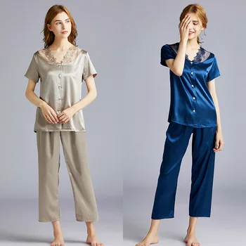 

Luxurious Silk Pyjamas Women Summer Sleepwear V-Neck Short Sleeve Lace Pyjamas Set Calf-Length Pants Elegant Underwear 2020 New