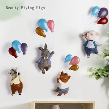 

1 Pcs Nordic garden resin wall cartoon animal home decorations flying balloons cute small fresh living room room wall pendant