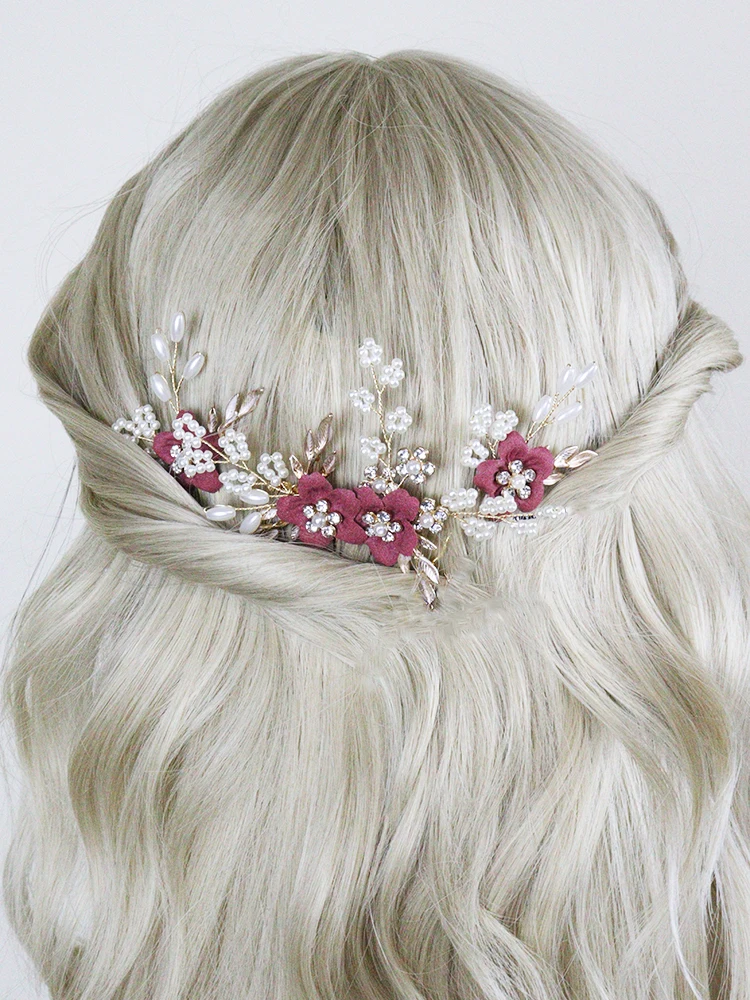 Romantic Wine Red Pink Flower Hair Comb and Hair Pin 3PCS Head Jewelry Bride Headdress for Party Wedding Bridal Accessories