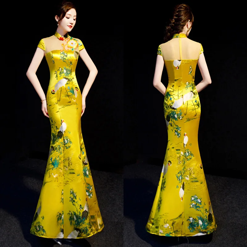 Yellow Chinese Style Womens Wedding Cheongsam Retro Sexy Slim Party Evening Dress Marriage Gown Qipao Fashion Lady Vestido S-XXL