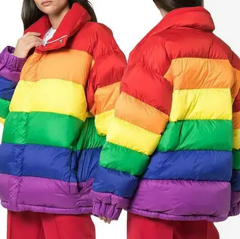 

Mens Womens Rainbow Down Cotton Coat Colorful Thick Long Parka Outwear Trench New Leisure Fashion Trend