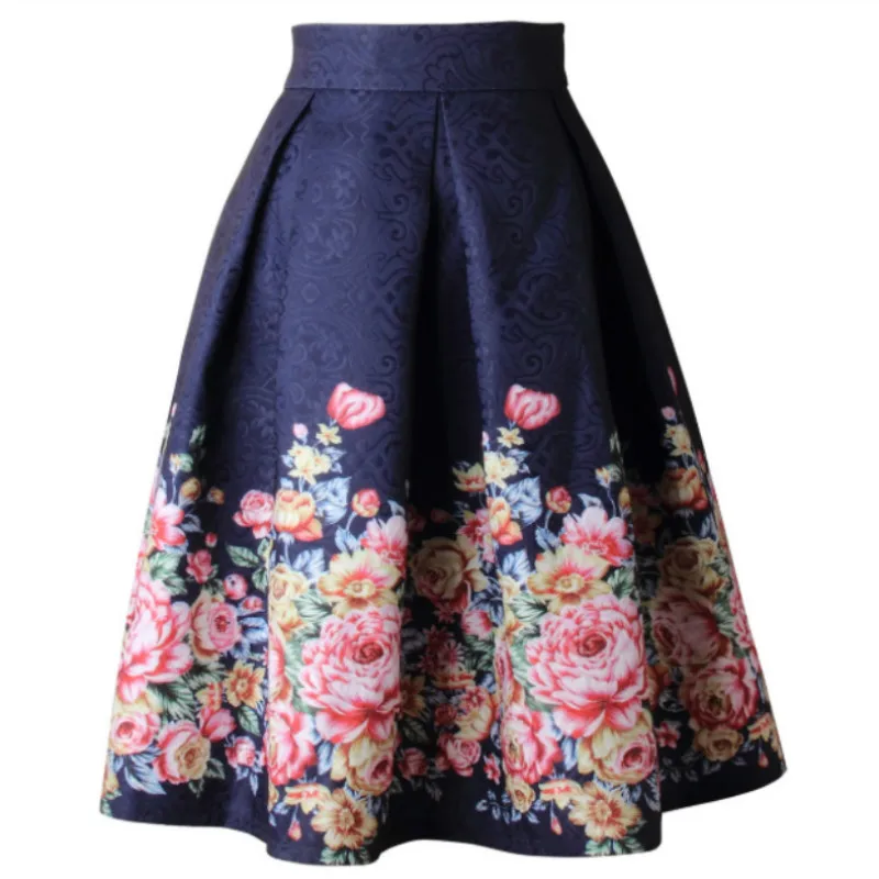 

2020 spring autumn Ladies Jacquard Flower Print Pleated Ball Gown Skater Midi Skirts Womens Vintage Floral High Waist feminina