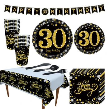 

Black Gold Party Paper 30 40 50 60 Happy Birthday Party Disposable Tableware Decorations Adult Birthday 30th 30Year Party Supply