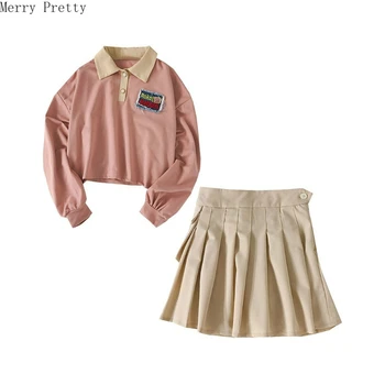 

Women's Sets Letter Appliques Turndown Collar Hoodies And Solid Pockets Mini Pleated Skirts 2020 Two Piece Set Top And Skirts