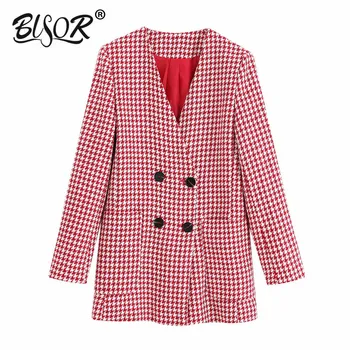 

Stylish Double Breasted Houndstooth Blazer Jacket Coat Women Long Sleeve Pockets Plaid Outerwear Chaqueta Mujer feminino