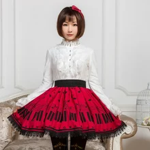 Милые Юбки принцессы в стиле Лолиты; юбки средней длины в японском стиле; милые красные плиссированные юбки принцессы с принтом «пианино» и кружевом; GZWY008
