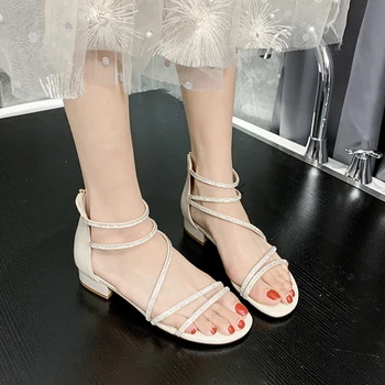 

Crystal Narrow Band Low Heel Sandals Women Black Beige Chunky Heel Sandals Summer Fashion Shiny Open Toe Heels Women 2020