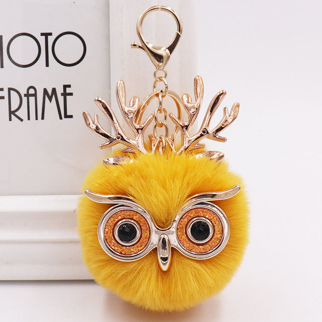 Cute Sequin Ears Owl Keychain Fluffy Artificial Rabbit Hairy Pom-pom Keychain Women's Shoulder Bag Owl Pendant Key Ring