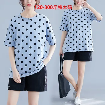 

2019200 fat MM top 150kg loose short-sleeved polka dot T-shirt female 69203