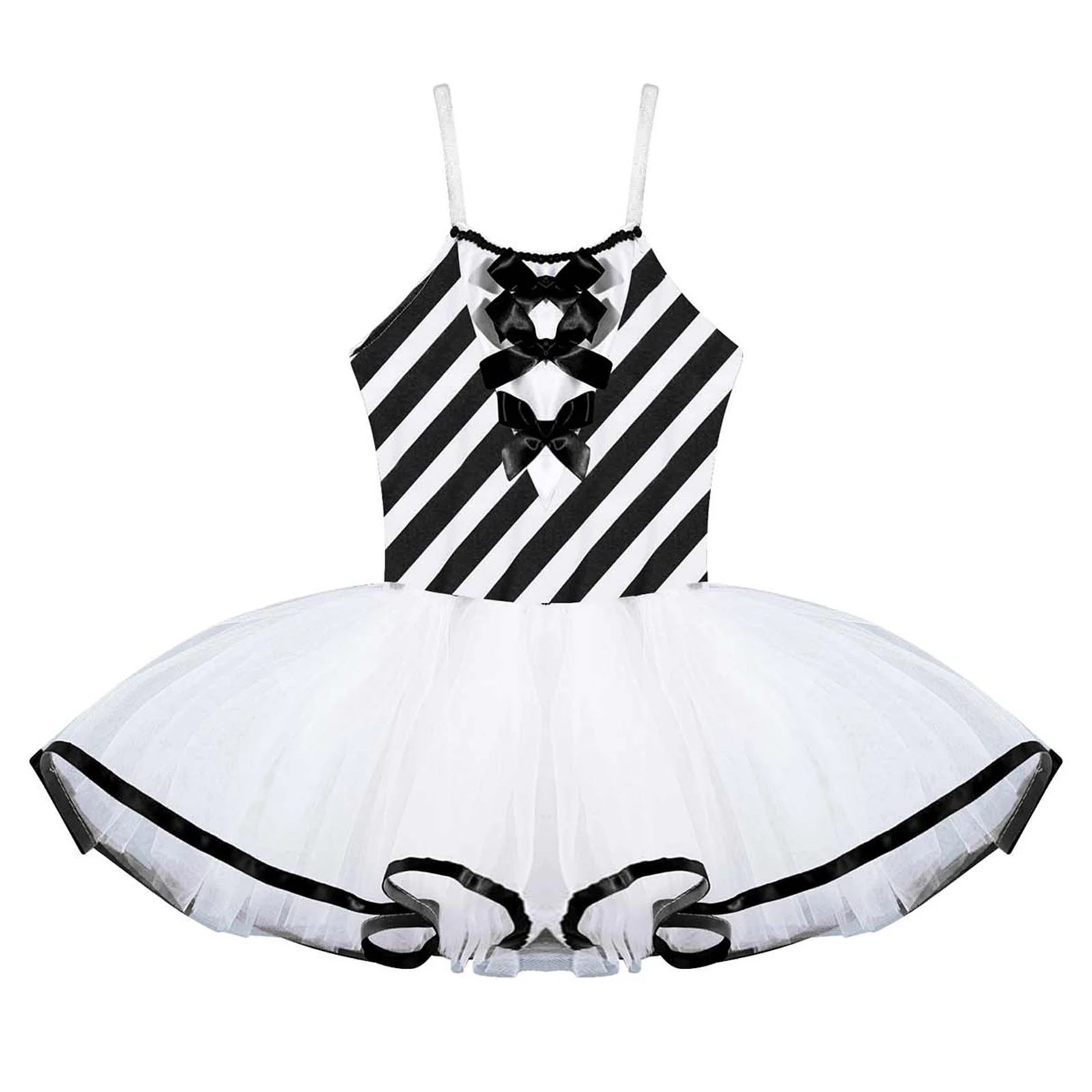 Kids Girls  Candy Cane Striped Sequins Ballet Tutu Dance Dress Christmas Costume Bowknot Adorned Stripe Print Mesh Tutu Dress