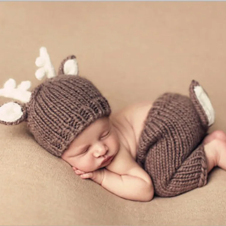 pudcoco Newborn Photography Costume Cute Knit Weave Deer Antler Hat + Fawn Tail Pants Props for Baby