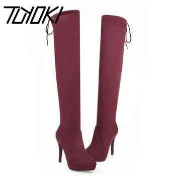 

Tuyoki Office Lady High Heel Boots Platform Lace Up Over Knee Stretch Boots Fashion Winter Shoes Sexy Footwear Size 32-43
