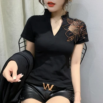 

Summer Fashion T-shirt European Clothes Women Sexy Hollow Out Diamonds Tops Shirt Ropa Mujer Short Sleeve Tees 2020 New T04615