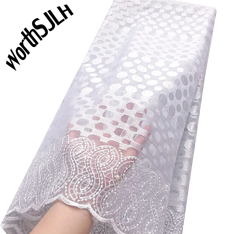 

White African Lace Fabric 2019 High Quality Lace French Mesh Fabric Pink Beaded Stones Nigerian Swiss Lace Fabrics For Dress