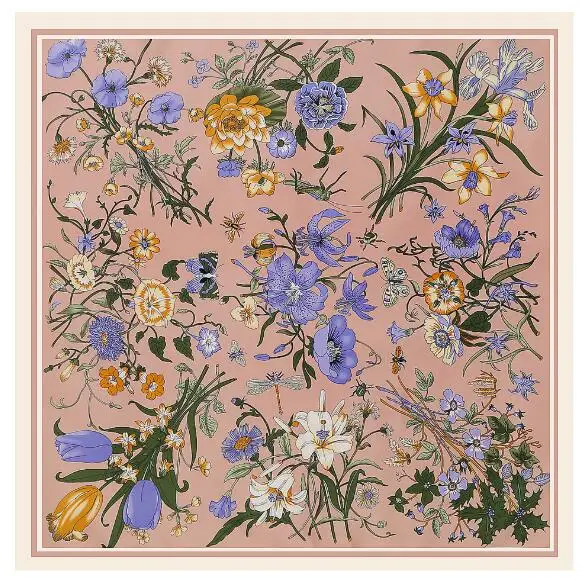 Twill Silk Scarf Women Large Shawls Stoles Lily Flowers Print Square Scarves Echarpes Foulards Femme Wrap Bandanas 130*130CM 6