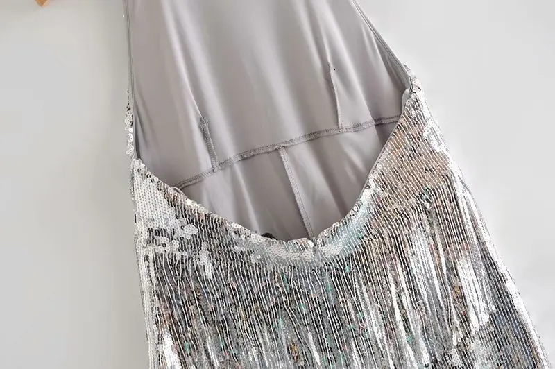 sexy silver sequined party dress women sleeveless backless tassel dress elegant ladies vestido