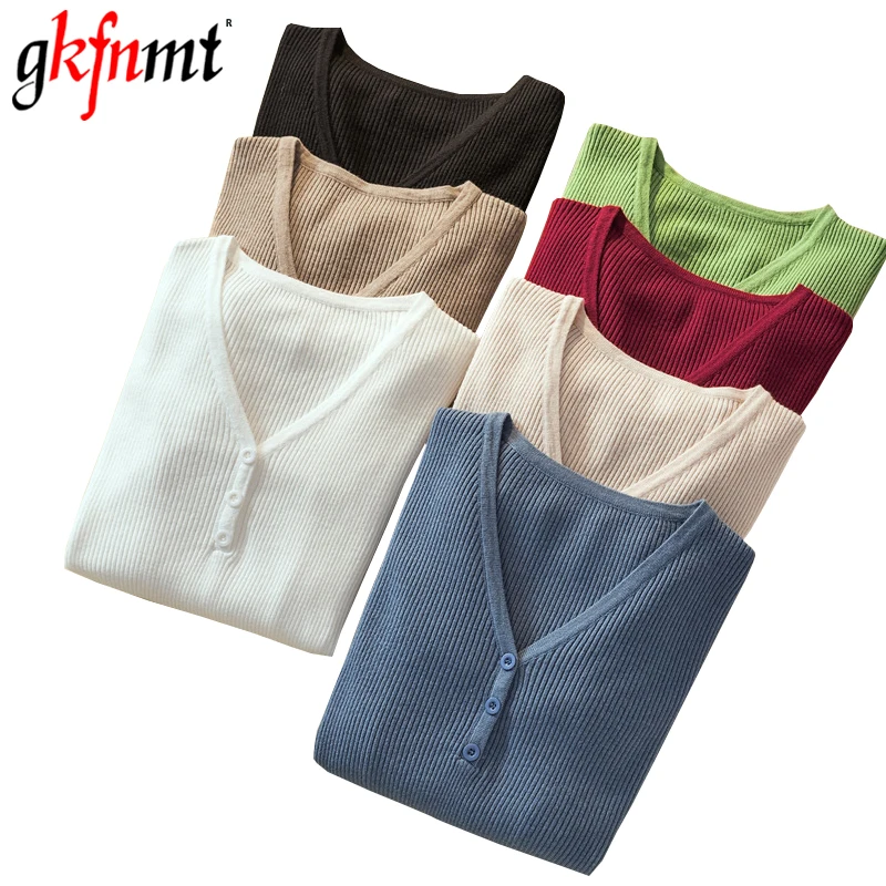 

gkfnmt Women Sweater 2019 Fall Winter Fashion Sweater Women Slim V-Neck Button Knitted Pullovers Vintage Black White