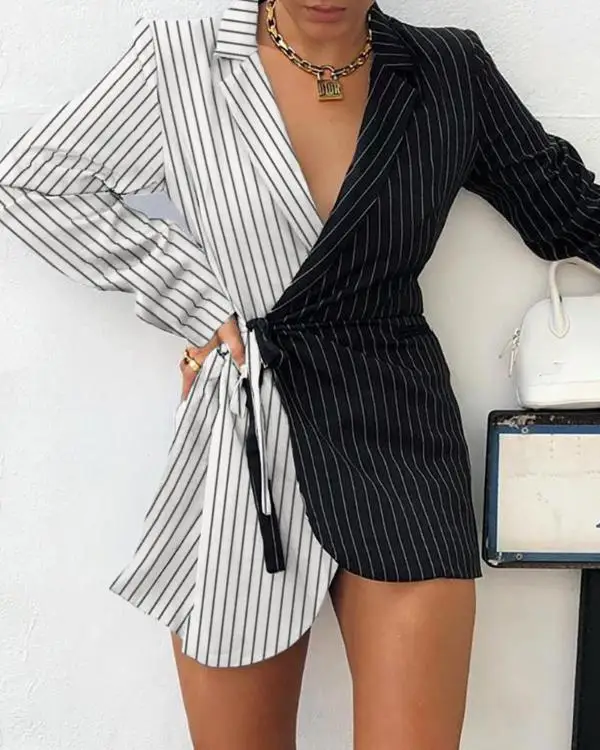 

Color Block Women Blazer Autumn Long Blazer Striped Patchwork Notched With Sash Wrapped Long Sleeve Jacket Coat Outwear C99493