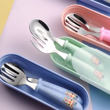 Ensemble de vaisselle en acier inoxydable pour enfants en bas âge,couverts à motif de dessin animé, ustensiles, alimentation infantile, cuillère et fourchette, gadgets pour bébé,