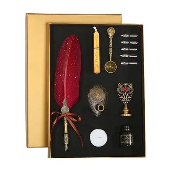 

With Ink Fountain Pen Set Sprinkling Gold Student Vintage 5 Nib Smooth Writing Storage Box Birthday Gift Artificial Feather