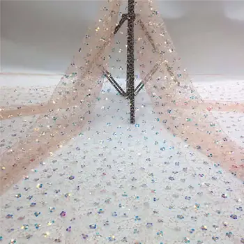 

Latest African Lace Fabric 2020 High Quality Peach Sequin Rich Tulle Mesh Fabric French Lace Nigeria Clothing Fabric