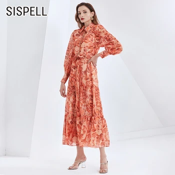 

SISPELL Print Hit Color Dresses For Girls Lapel Collar Long Sleeve Laca Up Bowknot Ruched Women's Elegant Dress Fashion Autumn