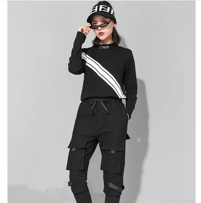 black TVVOVVIN Streetwear Patchwork Drawstring Trouser For Women High Waist Plus Size Autumn Pencil Pants Female Fashion L686 - Цвет: black