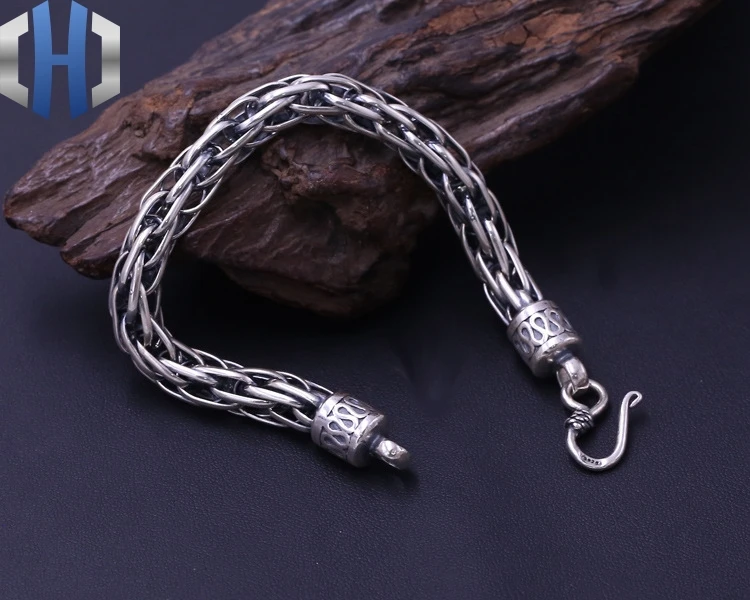 S925 Стерлинговое серебро ювелирные изделия Старинные тайские серебряные мужские ручной тканые Ротанговые грубые шахты властные популярный браслет