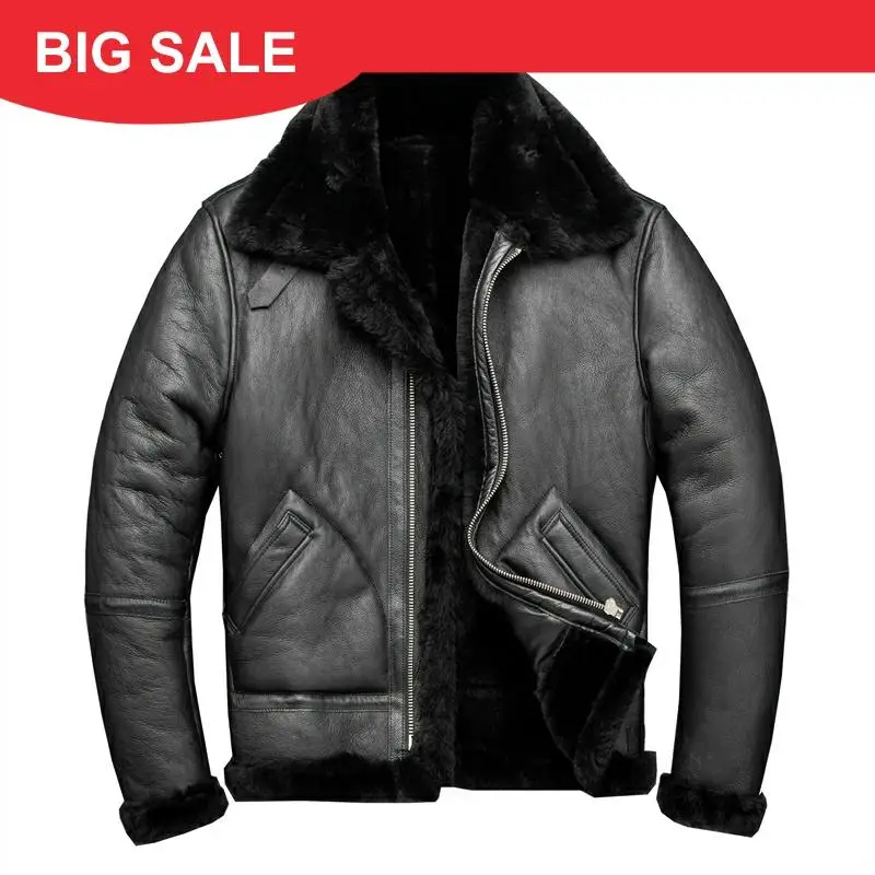 

2020 Black Men American Style Winter B3 Bomber Shearling Coat Real Thick Sheepskin Military Pilot Leather Jacket FREE SHIPPING