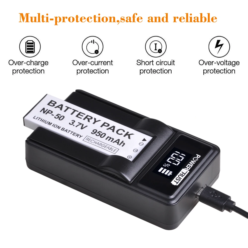 PowerTrust 3,7 V 950mAH NP-50 NP 50 NP50 литий-ионный аккумулятор и светодиодный зарядное устройство для Casio Exilim EX-V7, EX-V7R, EX-V8, EX-V8SR батареи
